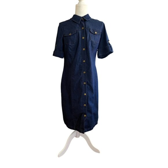 Shelby & Palmer Button-Up Denim Shirt Dress Short Sleeves Front Pockets Size 10 - Picture 3 of 9